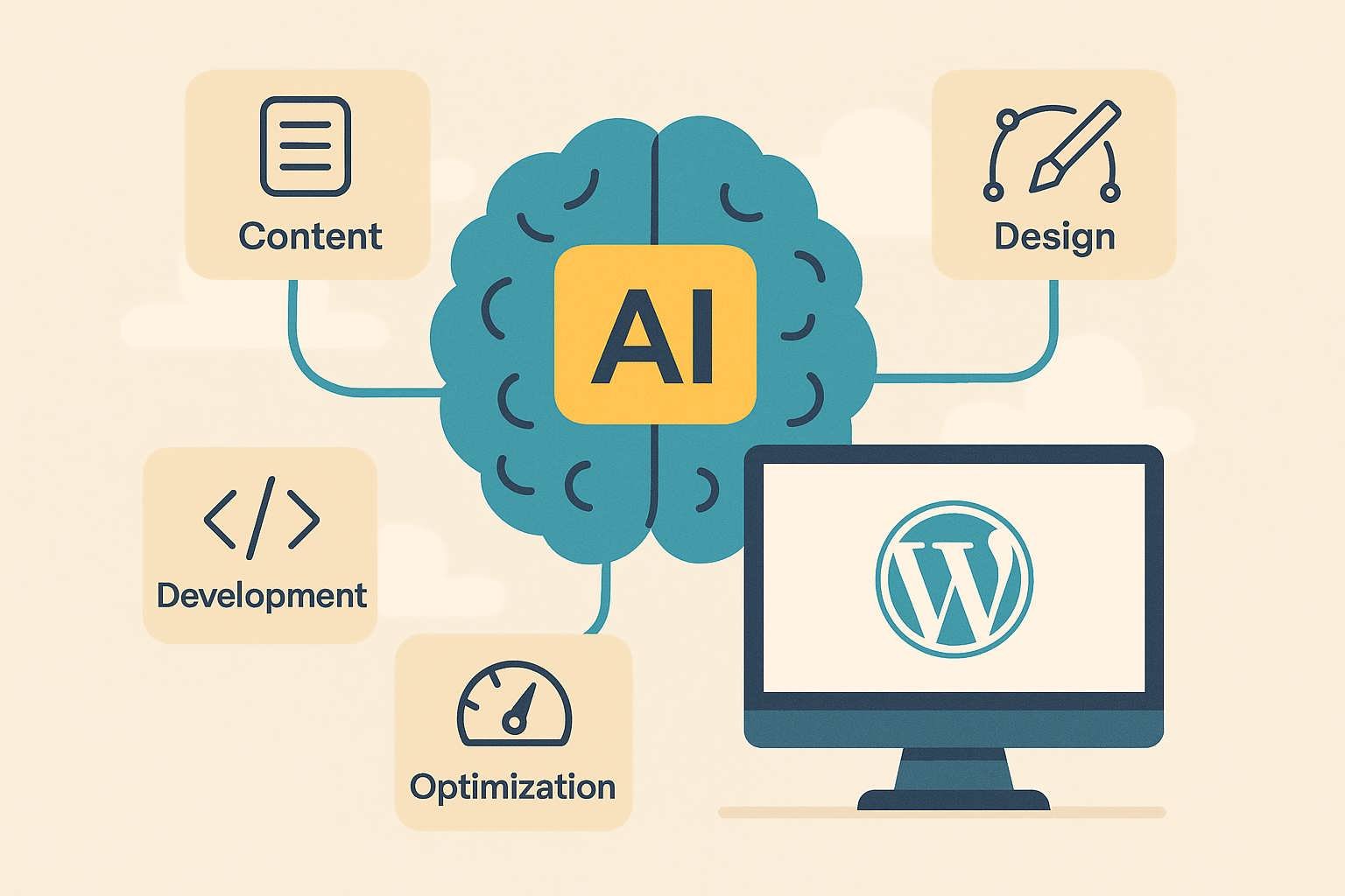 Illustration of AI and WordPress integration, showing how automation improves content, design, and development workflow